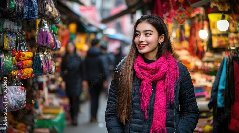A young woman smiles in a vibrant market filled with colorful items and shoppers. A young woman smiles in a vibrant market filled with colorful items and shoppers.