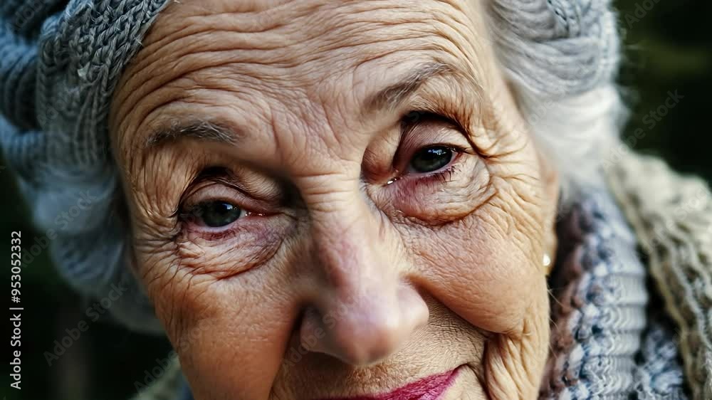 Close up of an elderly woman's face showcases her eyes shifting and gazing in various directions, highlighting the beauty of aging and the depth of human expression Close up of an elderly woman's face showcases her eyes shifting and gazing in various directions, highlighting the beauty of aging and the depth of human expression