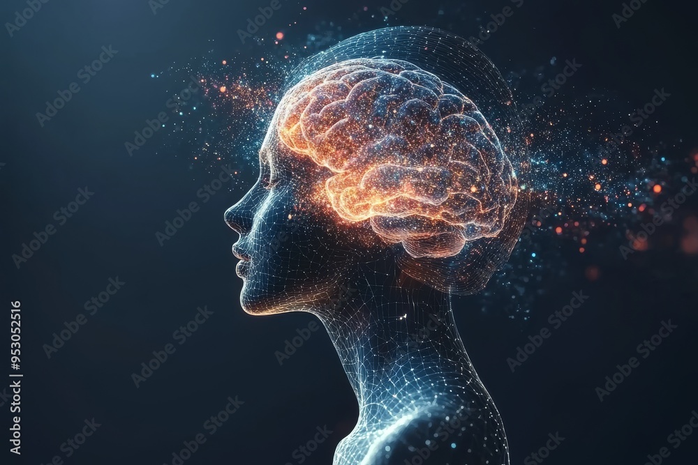 Digital Brain with Sparks Representing Neurological Innovation Cognitive Advancement and the Intersection of Technology and Human Thought