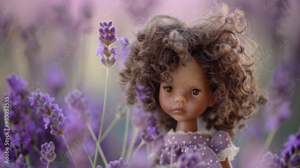 Fototapeta premium Curly-Haired Doll Amidst Lavender Blooms..