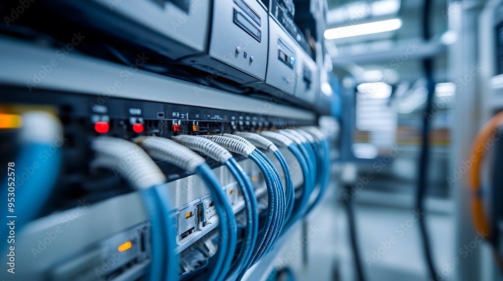 A network of electrical wires and switches are lit up in yellow. The wires are connected to a large switchboard, which is surrounded by a yellow cable A network of electrical wires and switches are lit up in yellow. The wires are connected to a large switchboard, which is surrounded by a yellow cable