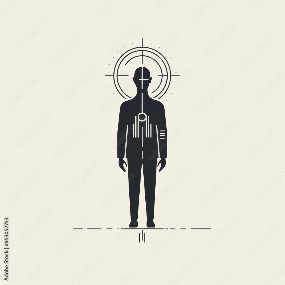 Fototapeta premium Targeted Precision - Human Figure with Crosshair Head in Minimalist illustration Art Style