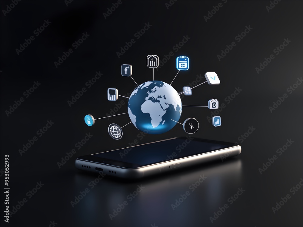 Smartphone as Gateway to 3D Business Tools with Connectivity Icons Smartphone as Gateway to 3D Business Tools with Connectivity Icons
