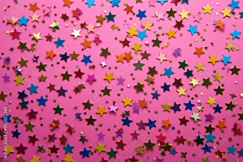 Colorful star shape confetti scattered on a pink background 