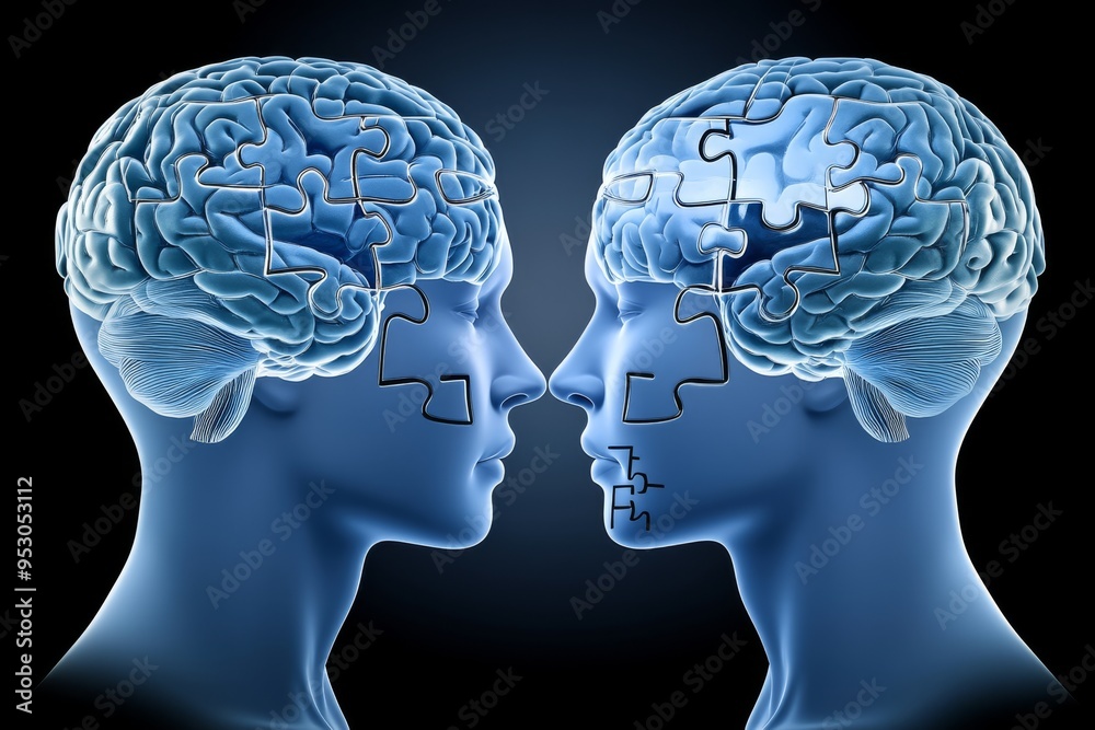Fototapeta premium Blue Brain Puzzle Illustrations Facing Each Other Representing Intellectual Symmetry Cognitive Unity and the Complexities of Thought in a Minimalistic Design