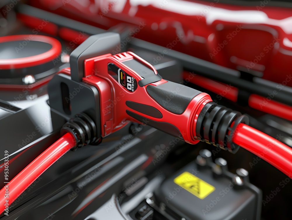 A 3D render of a car battery charger in use A 3D render of a car battery charger in use