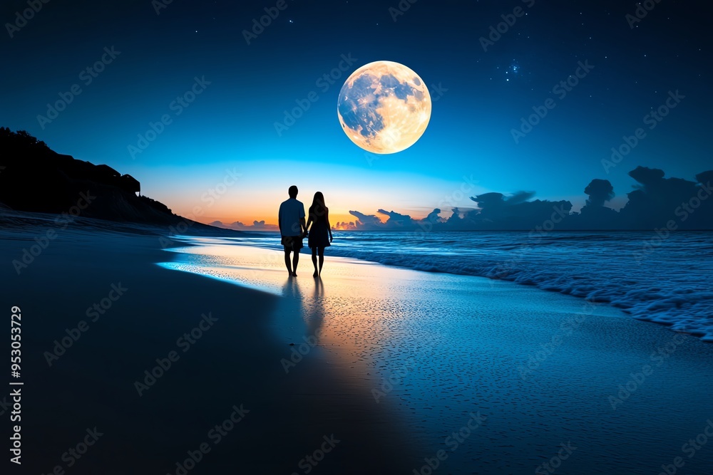 Romantic couple getaway with a moonlit walk on the beach, illustrated ...