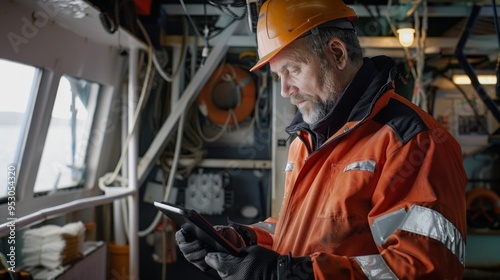 Skipper uses tablet computer for navigation. sailing, technology, tourism, travel and people concept