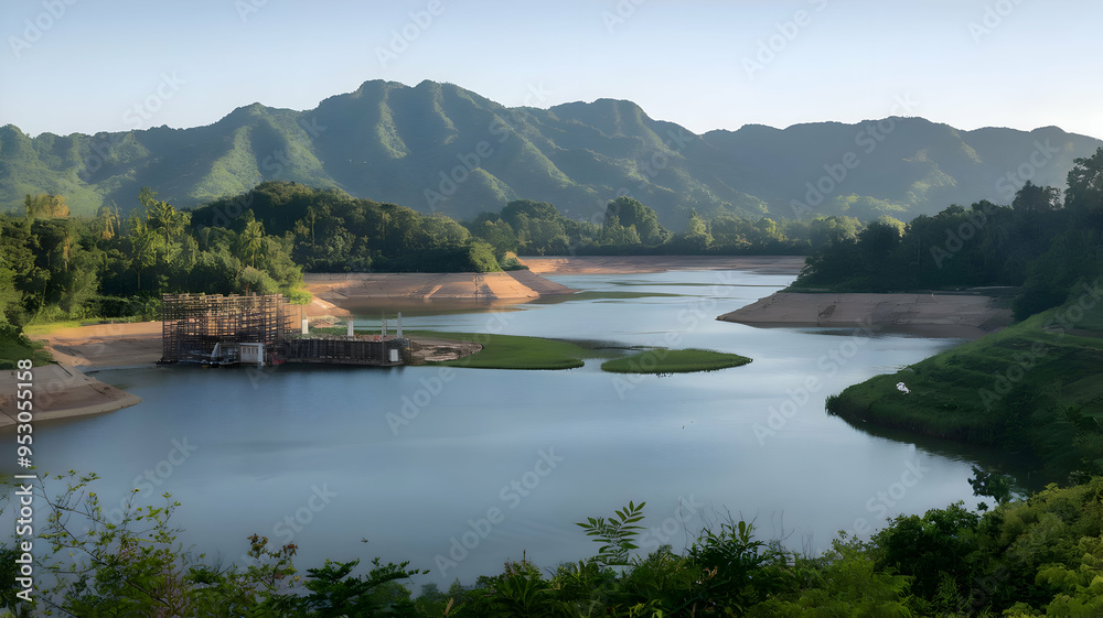 Serene Klapa Gading Kulon reservoir village in Banyumas, Indonesia becomes a popular tourist spot and fitness destination amidst its ongoing construction, surrounded by lush greenery. Serene Klapa Gading Kulon reservoir village in Banyumas, Indonesia becomes a popular tourist spot and fitness destination amidst its ongoing construction, surrounded by lush greenery.