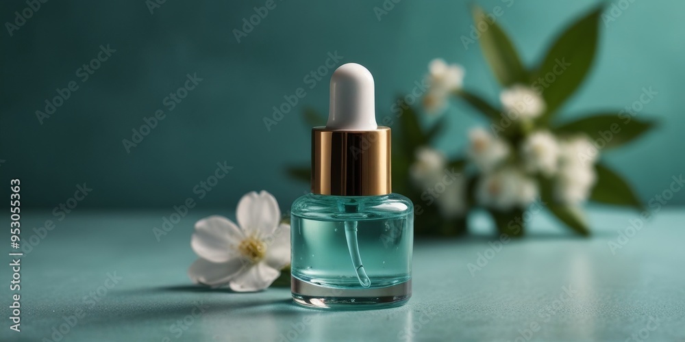 A skincare serum bottle filled with clear blue green pastel liquid, surrounded by delicate white flowers and green leaves.