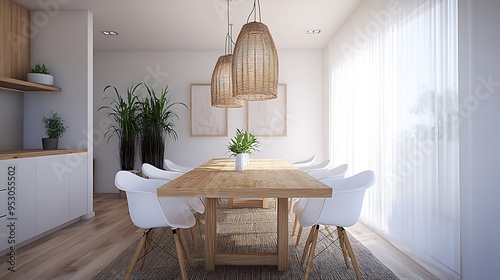 Modern Minimalist Dining Room with Wooden Table and White Chairs photo