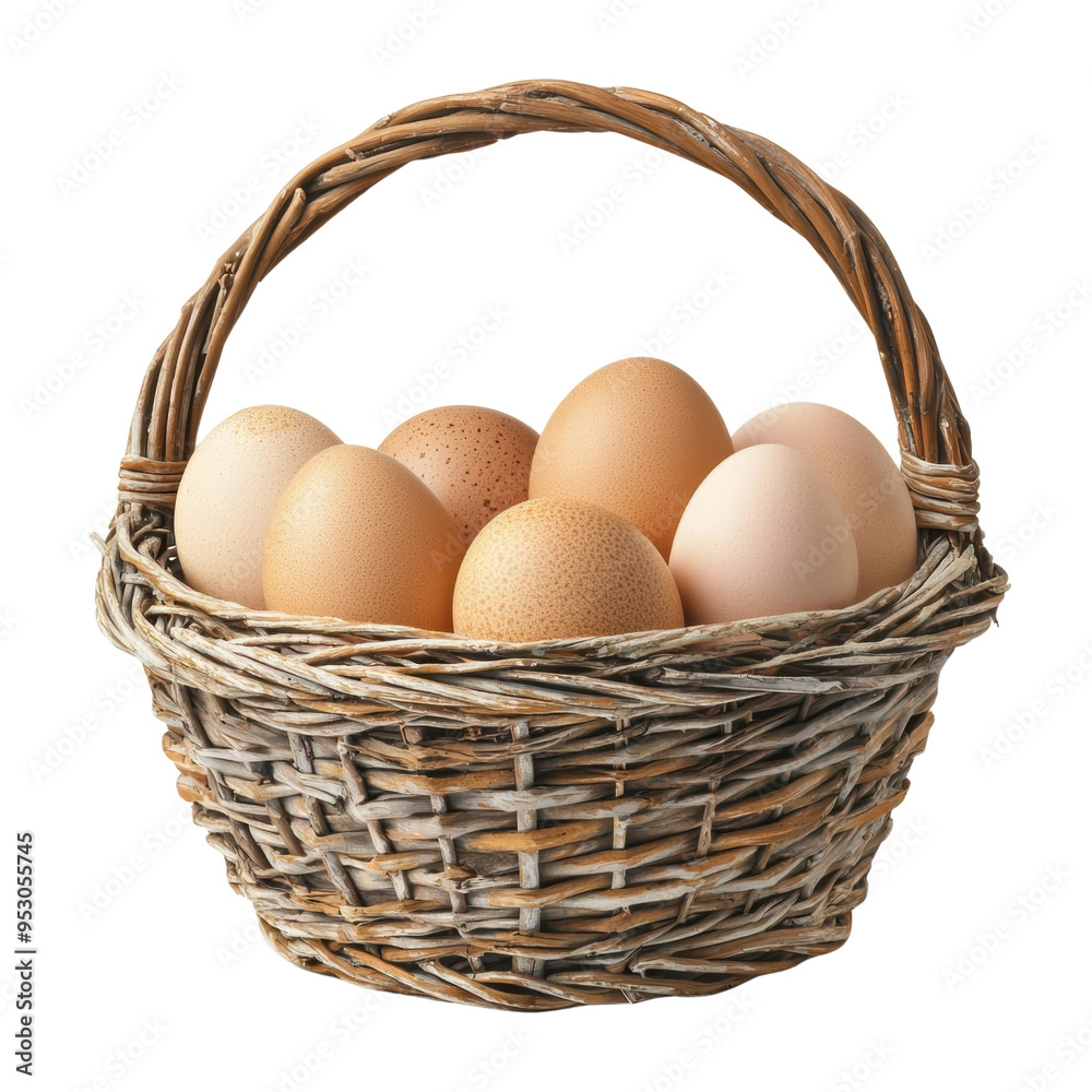 A rustic basket filled with fresh eggs. A rustic basket filled with fresh eggs.