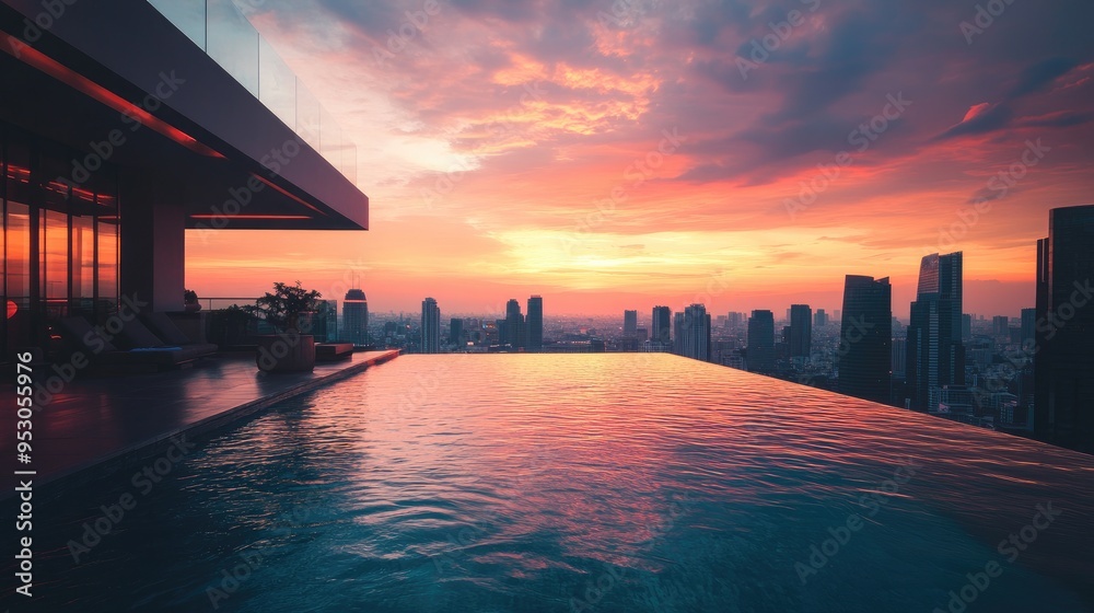 Fototapeta premium Rooftop infinity pool at a luxury hotel overlooking a stunning city skyline during sunset.
