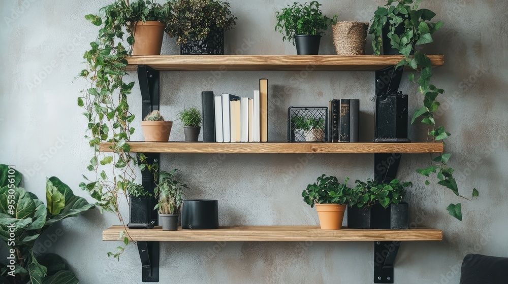 Rustic wall shelf with metal brackets, displaying an array of indoor plants and books, enhancing a boho living room. -