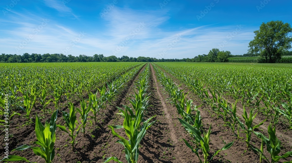 Rows of ripe corn plants growing in a vast agricultural field under a bright blue sky, showcasing a healthy crop.