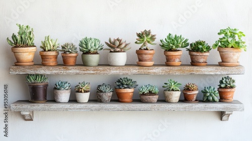 Rustic wooden wall shelf with a collection of tiny succulents in different pots, set against a whitewashed wall.