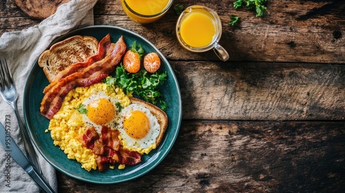 Top view of a hearty breakfast with scrambled eggs, bacon, toast, and fresh orange juice on a rustic wooden table.