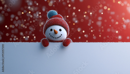 Adorable Snowman in Red and Blue Hat with Festive Glittery Background, Ideal for Christmas Greetings, Winter-Themed Holiday Promotions, and Seasonal Designs
