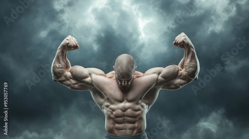 Powerful Bodybuilder Posing With Determination and Strength Against a Stormy Sky, Embodying the Spirit of Perseverance and Unwavering Resolve