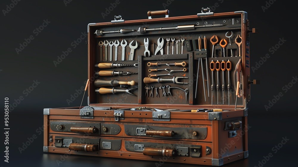 A 3D render of a mechanics tool chest filled with various tools A 3D render of a mechanics tool chest filled with various tools