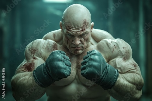Unwavering Determination A Powerful Fighter Embraces the Grit and Resilience of Perseverance, Standing Strong in the Face of Adversity His Confident Gaze and Defiant Stance Speak Volumes About His