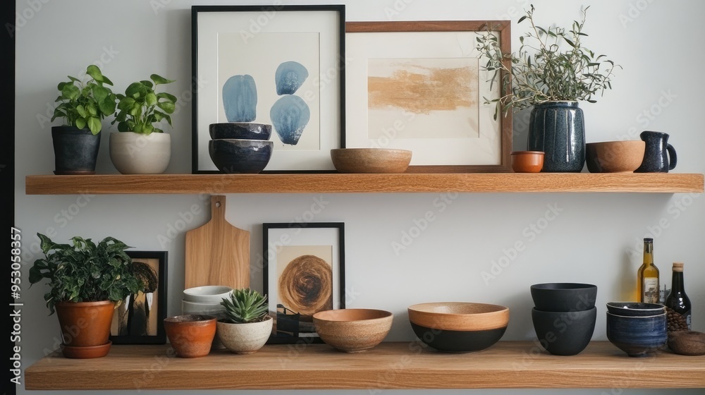 Wall shelf displaying handmade ceramics, small potted plants, and framed art, adding character to a modern kitchen. Wall shelf displaying handmade ceramics, small potted plants, and framed art, adding character to a modern kitchen.