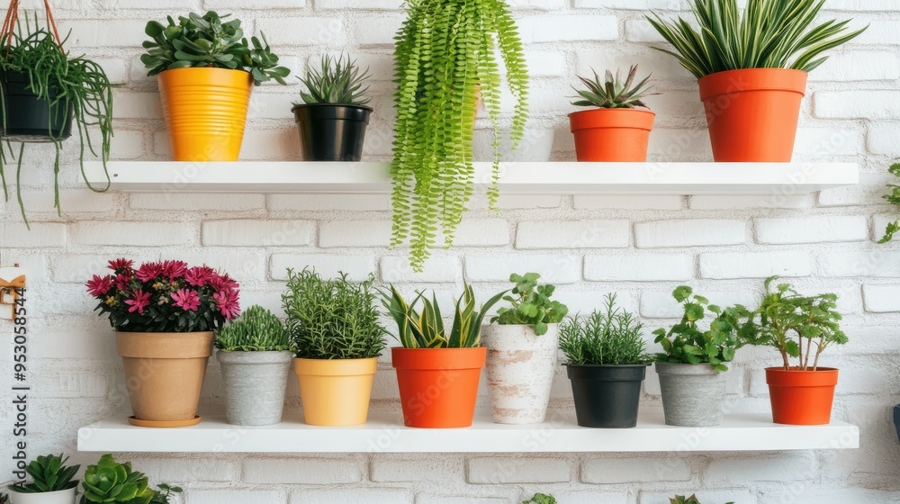 Wall shelf with an array of colorful flower pots, small decor items, and a hanging fern against a white brick wall. - Wall shelf with an array of colorful flower pots, small decor items, and a hanging fern against a white brick wall. -