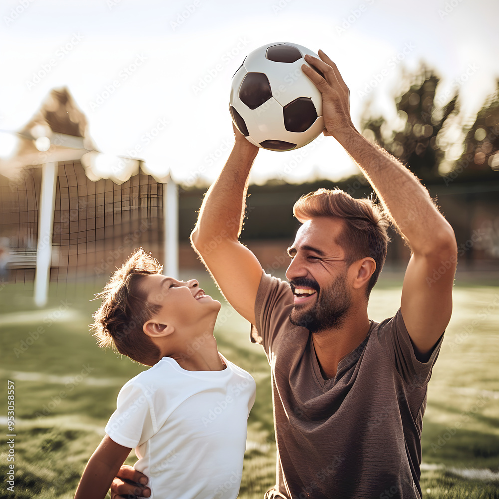 © mindstorm - Father and son having fun together playing with a soccer ball on a sunny day in a suburban environment © mindstorm - Father and son having fun together playing with a soccer ball on a sunny day in a suburban environment