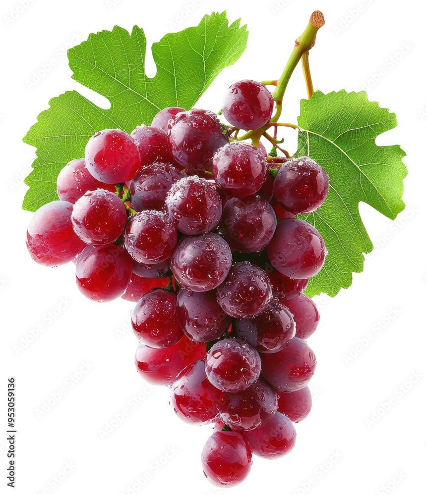 Fototapeta premium Fresh red grapes on a vine with green leaves.