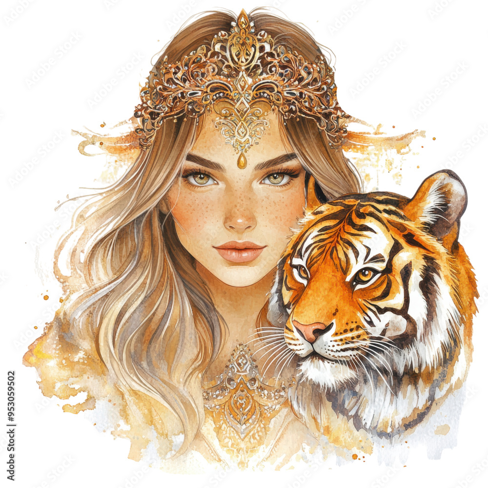 A woman with a crown and a tiger. The tiger is orange and has a yellow eye A woman with a crown and a tiger. The tiger is orange and has a yellow eye