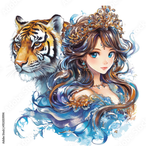 A girl with a crown on her head and a tiger in the background photo