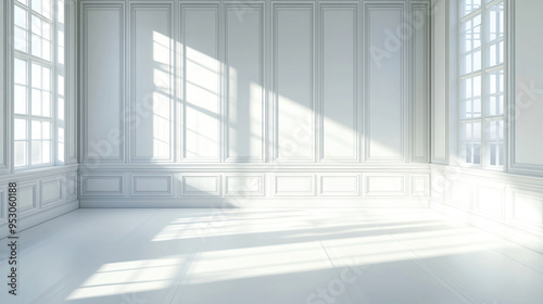 A white room with white paneled walls and a window, light shadows, and sun rays