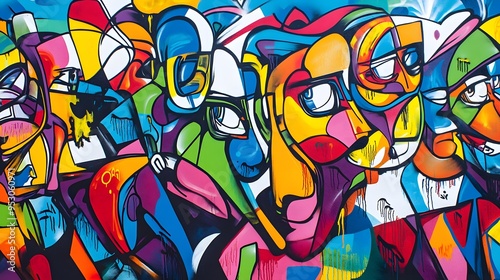 Wallpaper Mural Vibrant street art mural in an urban setting with bright colors graffiti and a diverse crowd of people bold and edgy with strong lines and 3D-rendered graffiti elements Torontodigital.ca