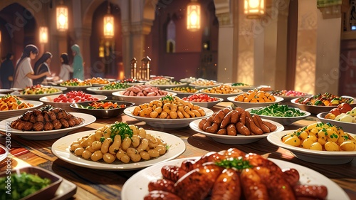 Ramadan iftar food background, food digital art. photo