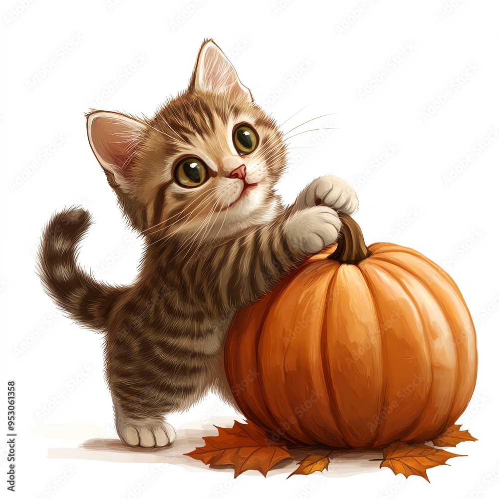 A cat playing with a Thanksgiving pumpkin clipart, playful and cute, autumn colors, digital painting, isolated on white background A cat playing with a Thanksgiving pumpkin clipart, playful and cute, autumn colors, digital painting, isolated on white background