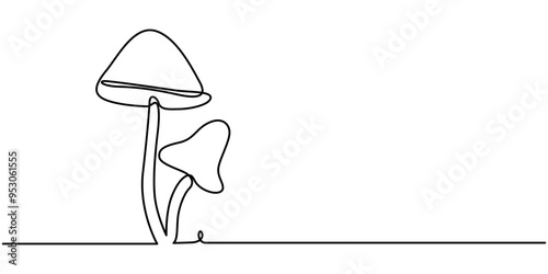 Continuous one line drawing of mushroom. Vector illustration, Vector image of a mushroom drawn with one line, Fresh Mushroom Continuous Line Editable Stroke Line, Abstract shaped bell mushroom
