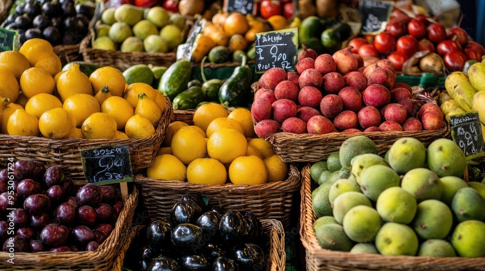 A vibrant display of various fruits in woven baskets at a market. A vibrant display of various fruits in woven baskets at a market.