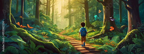 A conceptual illustration of a child exploring a vibrant forest filled with books, art supplies, and scientific tools, representing the idea of unschooling and learning through natural curiosity  photo