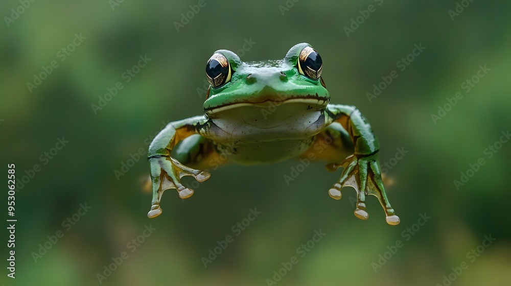 Green Frog Leaping in Mid-Air With Wide Open Eyes Green Frog Leaping in Mid-Air With Wide Open Eyes