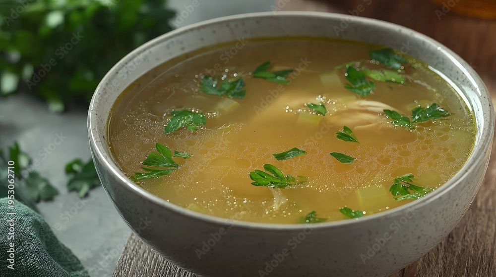 Chicken Broth Soup with Parsley Garnish Chicken Broth Soup with Parsley Garnish
