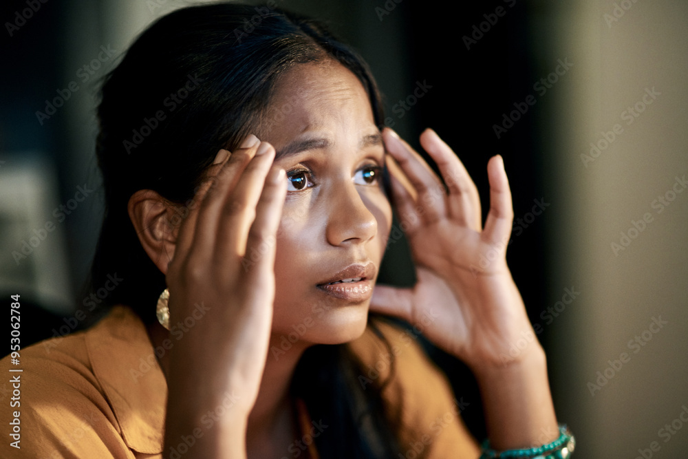 Business woman, worry and stress in office for burnout, project challenge and working at night. Female employee, writer and frustrated for wrong information with deadline, mistake and feeling tired Business woman, worry and stress in office for burnout, project challenge and working at night. Female employee, writer and frustrated for wrong information with deadline, mistake and feeling tired
