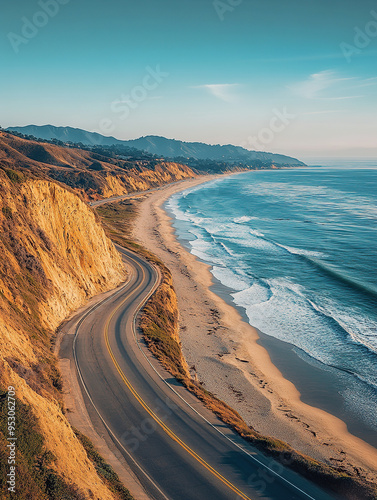 A winding coastal road along the ocean