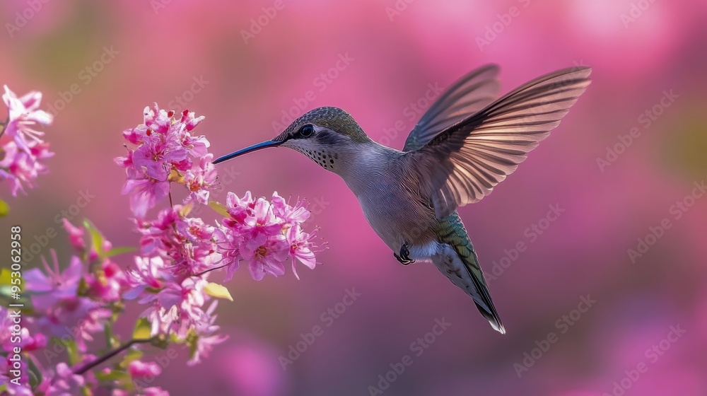 Fototapeta premium Vibrant Hummingbird Amidst Blooming Garden Flowers.