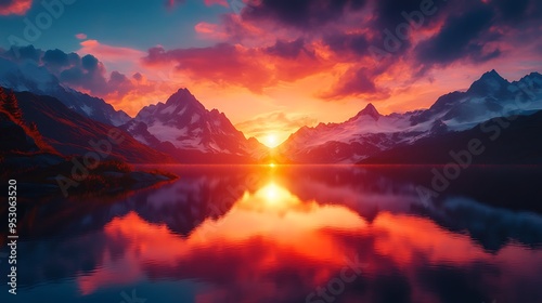 The sky blazes with dramatic colors, reflecting in a serene mountain lake at sunset.