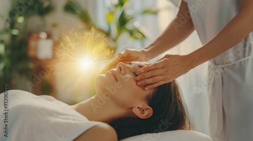 Therapist performing reiki healing treatment, using her hands to channel energy to a patient lying in spa photo