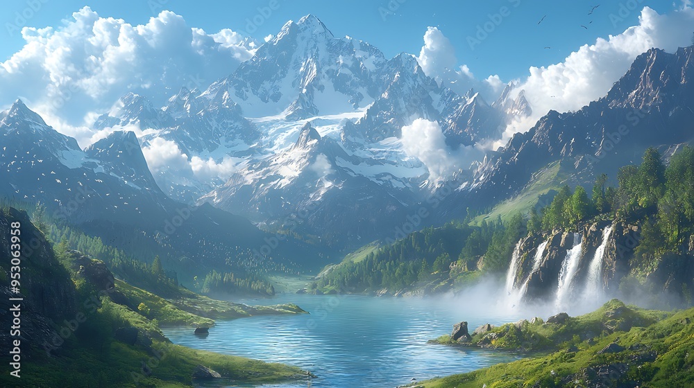 A majestic mountain range frames a lake and waterfall, creating a breathtaking natural landscape. A majestic mountain range frames a lake and waterfall, creating a breathtaking natural landscape.