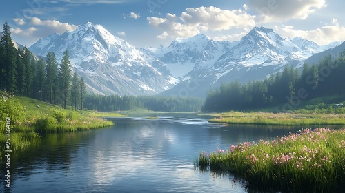 A mountain lake, surrounded by wildflowers and snow-capped peaks, glistens under the soft light.