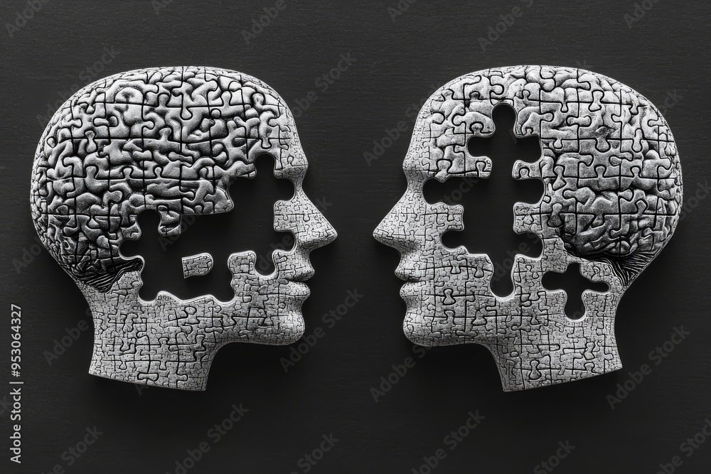 Monochrome Puzzle Head Sculptures Symbolizing Cognitive Fragmentation Intellectual Contrast and the Complexity of Human Thought