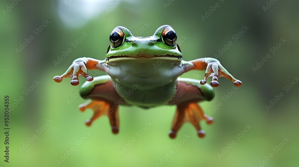 Green Frog Leaping in Mid-Air With Wide Open Eyes Green Frog Leaping in Mid-Air With Wide Open Eyes