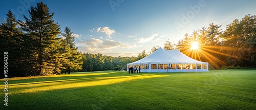 Wallpaper Mural Large white wedding tent on lush green lawn, guests entering through open flaps, sun shining brightly Torontodigital.ca